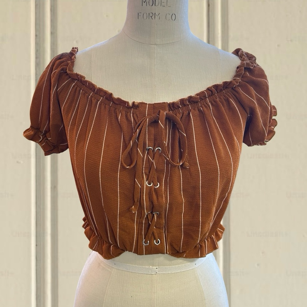 Dee Elly milkmaid corset crop top lace up brown and white festival size medium